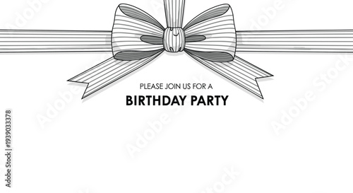Birthday party invitation template features a large hand drawn bow and space for text to invite guests to a special celebration.