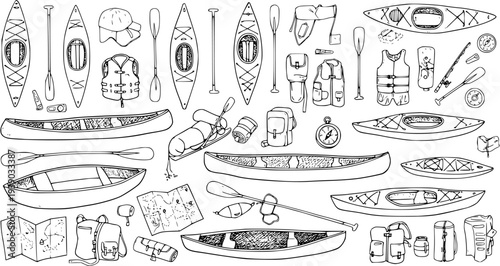 Black and White Line Art of Kayaking and Canoeing Gear, Including Kayaks, Canoes, Paddles, Backpacks, and Life Vests for Outdoor Adventure