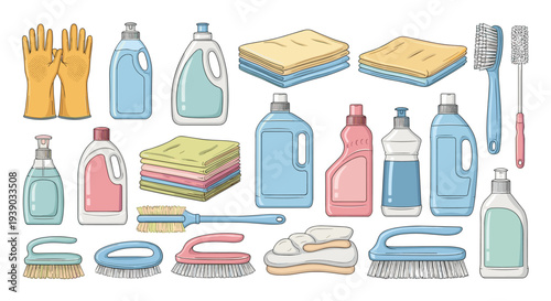 Big set of cleaning supplies including bottles of detergent and brushes provides a comprehensive collection for household chores.