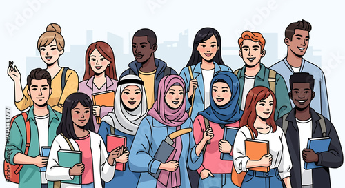 Smiling multinational students from various cultures showcasing diversity in education, representing a global learning community and bright academic future