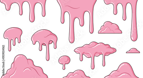Set of pink gooey drips and blobs resembling melted bubblegum offers a playful collection of abstract shapes for creative use.