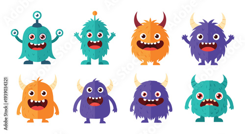 Set of eight adorable and colorful little monsters with different expressions and horns designed in a friendly flat vector style for kids.
