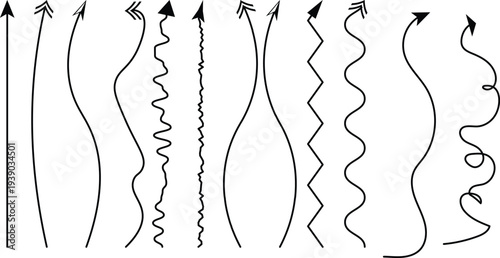 Set of 10 Black Hand-Drawn Wavy and Straight Upward Arrows Vector Collection for Growth, Direction, and Progress Concepts