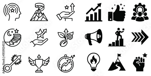 Motivational Line Icons: Business Growth, Inspiration, and Mindset Symbols