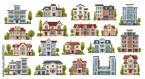Detailed set of various residential buildings including modern apartments, suburban houses, and multi-story homes with surrounding green trees.