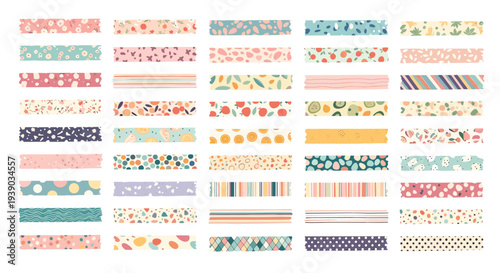 Large collection of decorative washi tape strips with various patterns like florals, dots, fruits, and abstract shapes for digital scrapbooking.