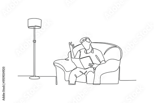 Man Reading Book Couch. Reading book in cozy corner Concept. Single line draw design Video 4k. Footage graphic illustration