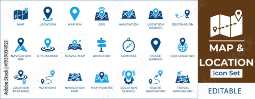 Map and location navigation icon set featuring GPS tracking, destination markers, route navigation, travel maps, compass, geo location, and waypoint positioning symbols.
