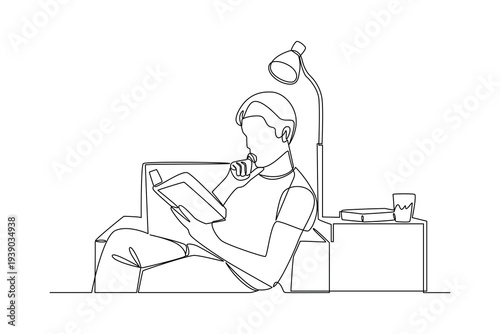 Man Reading Book Drinking Coffee. Reading book in cozy corner Concept. Single line draw design Video 4k. Footage graphic illustration