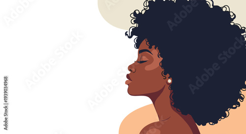 Beautiful side profile portrait of a Black woman with a large natural afro hairstyle against an abstract background of warm earth tones.