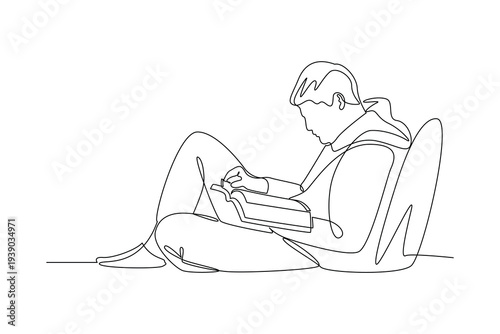 Man Reading Book Floor. Reading book in cozy corner Concept. Single line draw design Video 4k. Footage graphic illustration