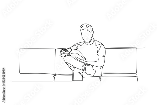 Man Reading Book Night Lamp. Reading book in cozy corner Concept. Single line draw design Video 4k. Footage graphic illustration
