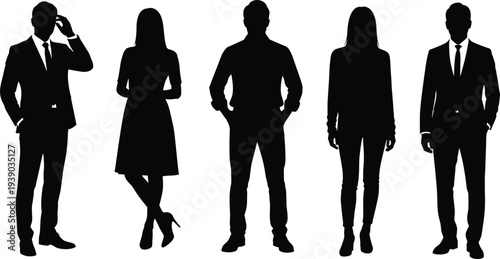 Group of business people silhouettes in formal suits, men and women standing poses, corporate professionals isolated on white background vector illustration.