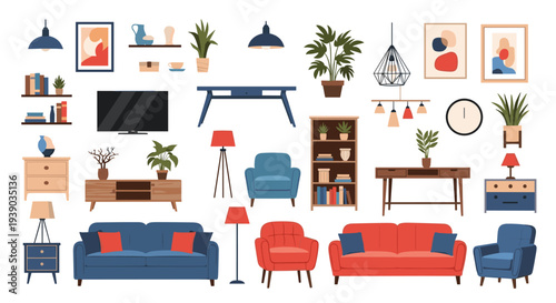 Extensive set of living room furniture and interior decor icons including sofas, armchairs, tables, lamps, and plants in a modern flat style.