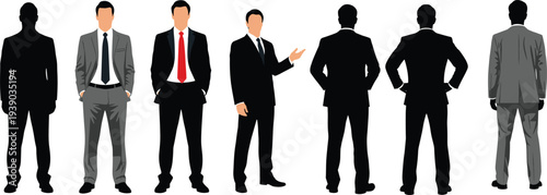 Group of businessmen in suits various poses front back side view, black silhouette with color accents, professional team vector illustration, blank faces