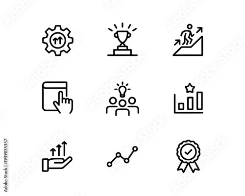 Set of business and success icons in line style on white background