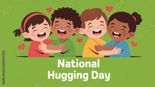Diverse children hugging on national hugging day with hearts smiling and showing affection