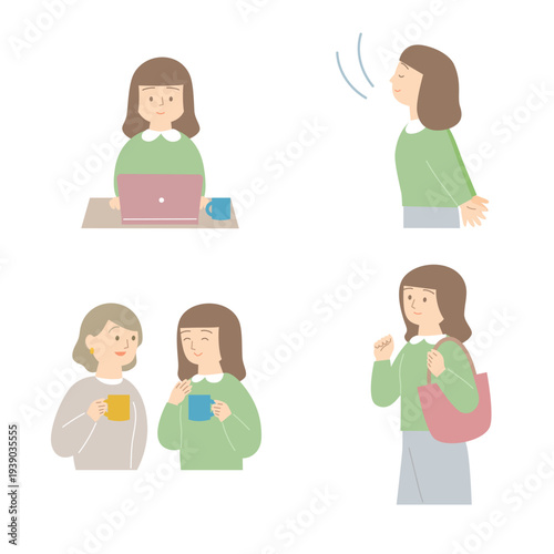 穏やかな表情の女性のイラストセット