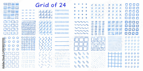 Collection of twenty four hand drawn line patterns in a grid format
