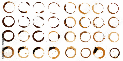 Collection of coffee rings and stains in varying shades and shapes
