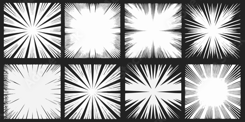 Eight comic book style burst panels arranged in a grid formation