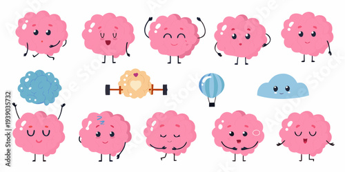 Cute cartoon brains with happy faces and related whimsical elements