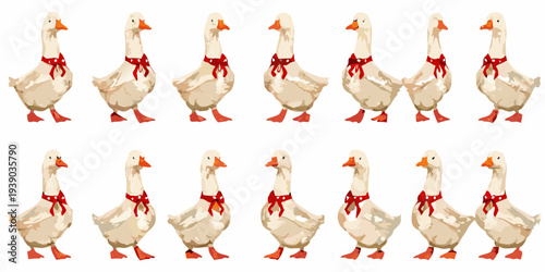 A collection of illustrated geese each adorned with a red bow