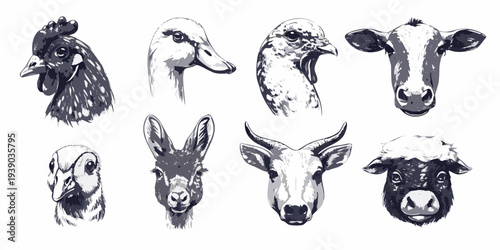 A collection of monochrome animal head illustrations arranged in a grid