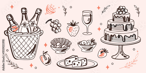 Celebratory illustration featuring champagne cake fruit and sweet treats