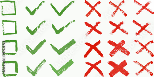 Collection of hand drawn check and x marks in green and red