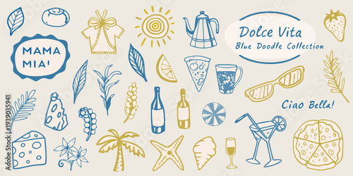 A colorful doodle collection featuring italian themes and summer elements