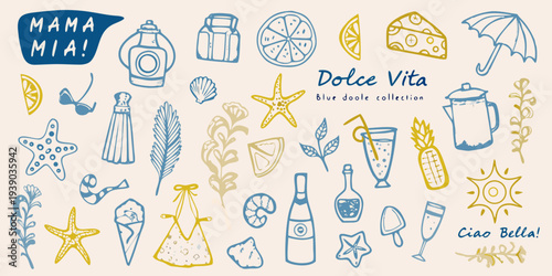 A colorful doodle collection featuring summer objects and handwritten text