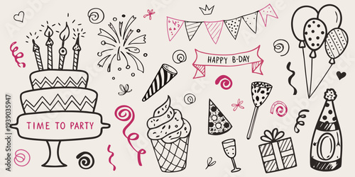 Hand drawn birthday elements including cake balloons and party decorations