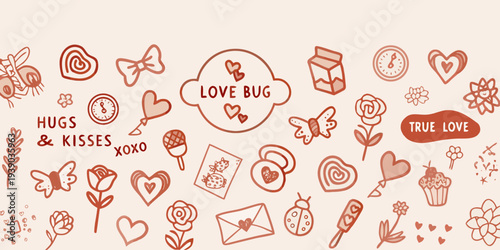 A whimsical pattern of love themed doodles and handwritten phrases