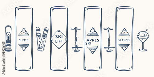 Stylized illustration of ski themed drink glasses and related icons