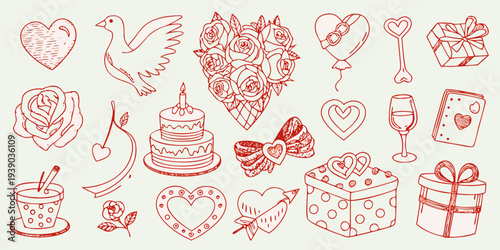 Collection of hand drawn romantic illustrations hearts roses and gifts