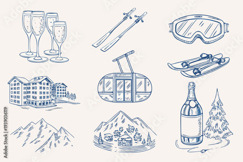 Winter sports and celebratory elements sketched in blue line art