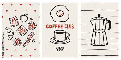 Breakfast themed illustrations bacon eggs coffee and polka dots