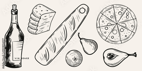 A sketch of wine bread cheese fruit and pizza arranged on a surface