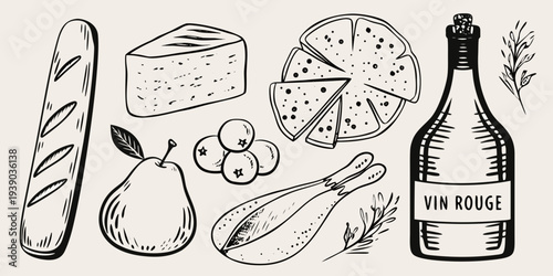A sketched assortment of bread cheese fruit and a bottle of wine