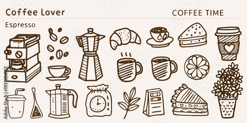 Hand drawn coffee elements including beans cups and pastries