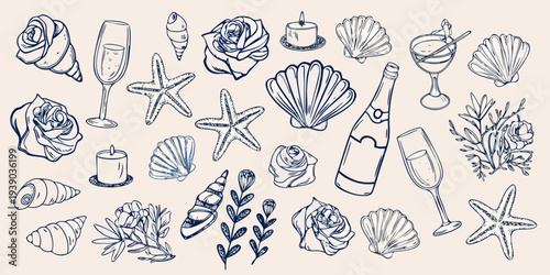 A collection of hand drawn coastal and floral elements in blue