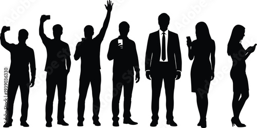 Group of diverse people black silhouettes standing in row taking selfies raising hand using smartphones modern crowd technology vector illustration, isolated background