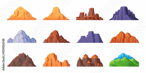 Colorful cartoon mountains in various shapes and earth toned hues