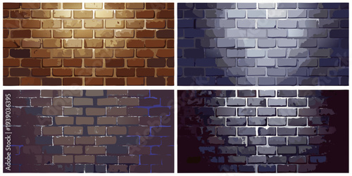 Four brick wall panels demonstrating varying light and color schemes