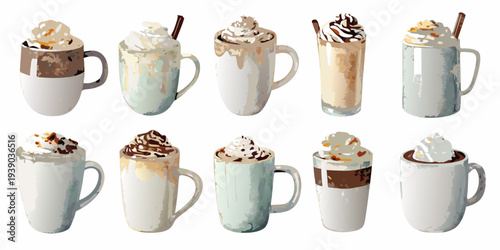 A collection of illustrated hot beverages with various toppings