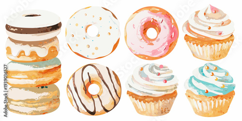 Watercolor painting of assorted donuts and cupcakes in a grid layout