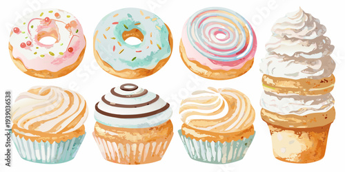 Watercolor illustration of assorted donuts cupcakes and a soft serve ice cream