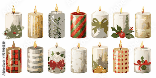 A collection of decorated candles with festive winter and holiday designs