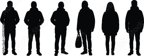 Group of people in winter jackets and hoodies standing together, diverse casual outerwear silhouettes, black vector illustration set for fashion design